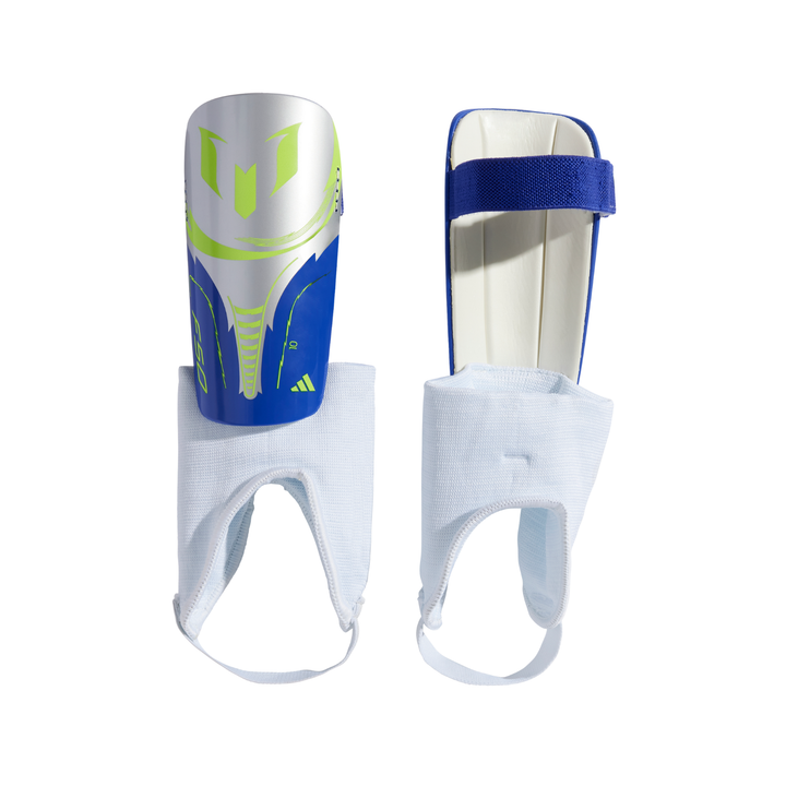 Kids Messi Match Shin Guards - Silver Metallic/Lucid Blue/Solar Yellow