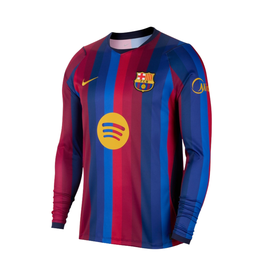Nike FC Barcelona long-sleeve home shirt for adults, featuring team crest and Nike branding, perfect for fans and supporters.