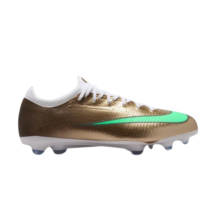 Nike Jr Vapor 17 Pro FG Mbappe kids' soccer boots in metallic gold and green glow with Nike branding.