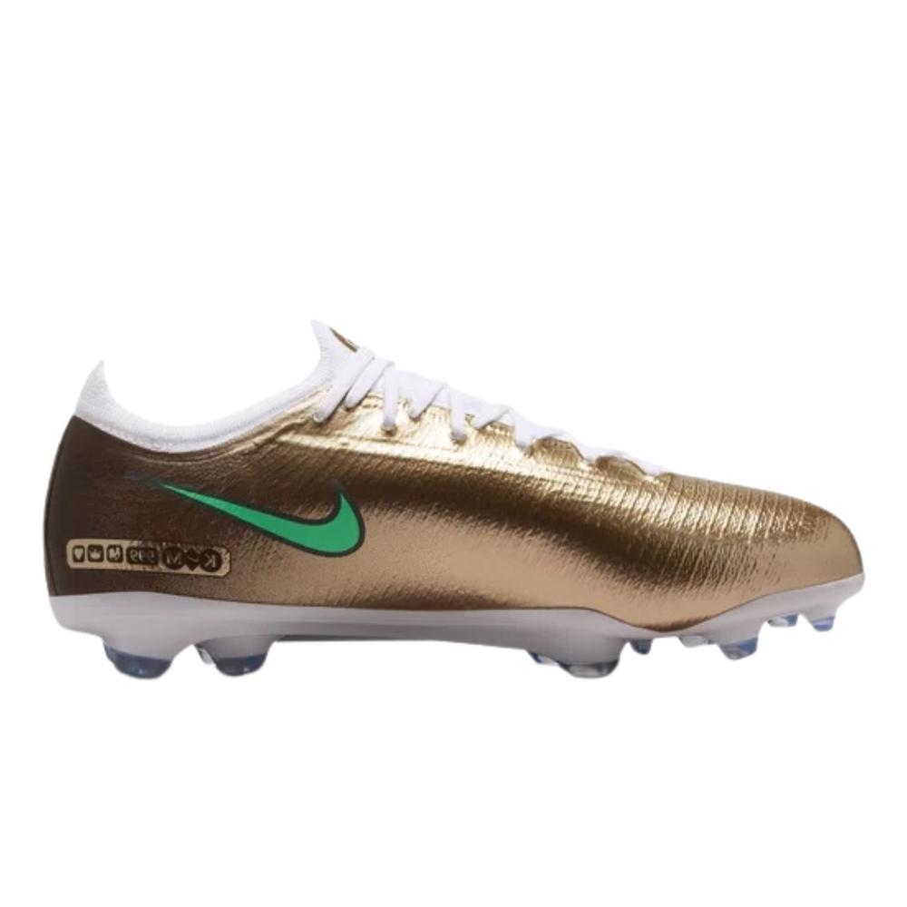 Nike Jr Vapor 17 Pro FG soccer cleats in metallic gold and green glow, designed for young players with a sleek, vibrant look.