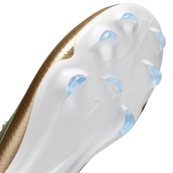 Nike Jr Vapor 17 Pro FG soccer cleats in metallic gold and green glow for kids, featuring Mbappe branding and lightweight design.